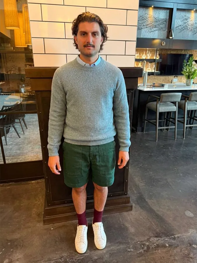 Virtual try-on of garment dyed linen field shorts on a second person